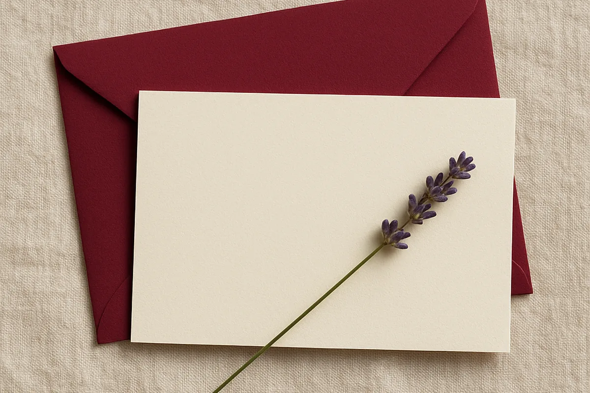 Leere Karte mit Umschlag und Lavendel für ein handgeschriebenes Gedicht